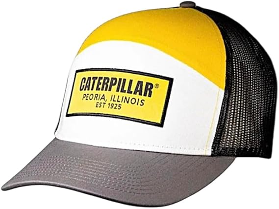 Caterpillar Classic Trucker Hat, Yellow White Black Mesh Cap, Gray Brim, Peoria Illinois Est 1925 Patch
