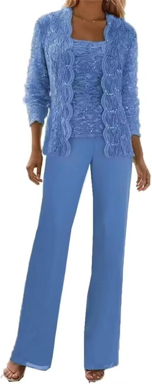 3 Pieces Mother of The Bride Pant Suits for Women Lace Applique Formal Wedding Gust Pantsuits Blue