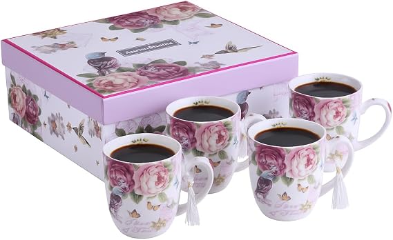 London Boutique Cups Mugs Set 4 Fine China Shabby Chic Vintage Retro Design in Gift Box 330ML (Bird Rose Butterfly)