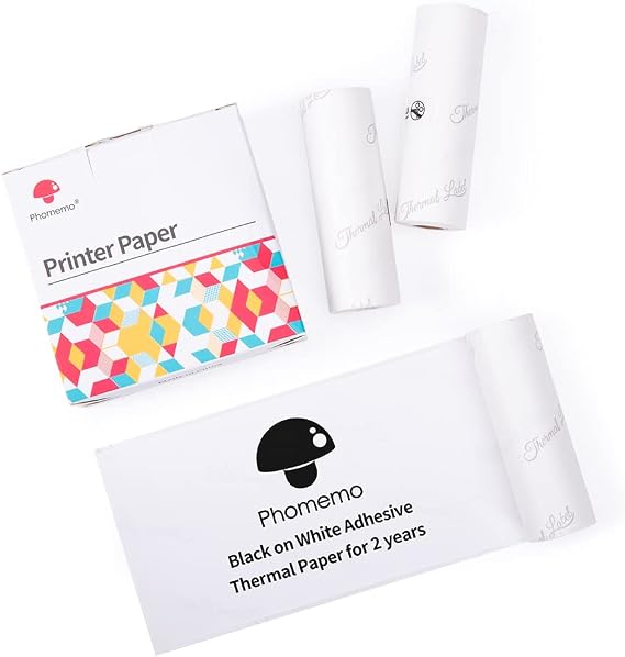 Phomemo White Adhesive Thermal Sticker Paper Printer Paper 77mm, Compatible With Phomemo M03/M03AS/M04S/M04AS Sticky Note Printer, Black Text, 3 Rolls, Suitable For Notes, List, Pattern, Sticker