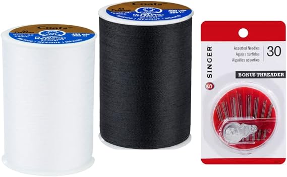 Coats & Clark All Purpose Thread 400 Yards White Black (1 Black and 1 White Dual Duty All Purpose Thread - 400 Yards Each Spool - Bundled with 30 Assorted Hand Needles and Needle Threader)