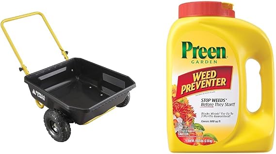 Gorilla Carts 4 cu ft Poly Dump Cart 300 lb Capacity Bundle with Preen 5.625 lb Garden Weed Preventer for 900 sq ft