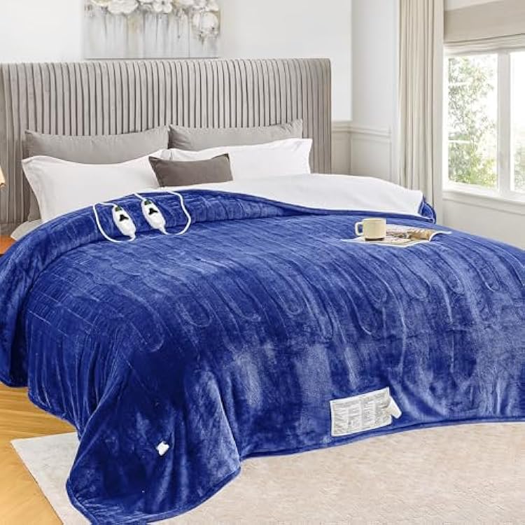 greenoak Heated Blanket Electric Queen Size 84X90 Dual Control, Heating Blanket with 10 Heat Levels 12468 Hours Auto-Off, Sherpa Soft Warm Christmas Blanket, Sea Blue