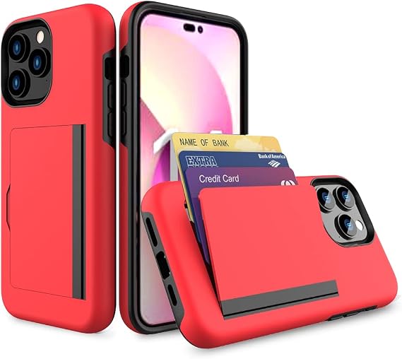 for iPhone 14 Pro Case with Card Holder,Credit Card Slot Protective Wallet Case - Red