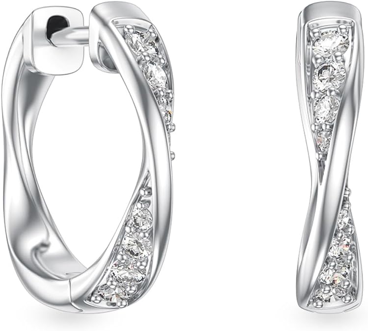 Small Hoop Diamond Earring for Women 925 Sterling Silver 1/4 CTTW Lab Grown Diamond Twisted Tiny Huggie Hoop Earrings 18K White Gold Plated for Her