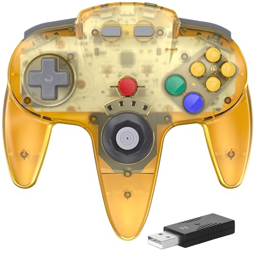 2.4 GHz Wireless N64 Switch Online Controller, USB Receiver, Compatible with Windows PC Laptop iOS Mac Raspberry Pi, Switch OnlineNSO - Rechargeable Plug and Play Clear Yellow