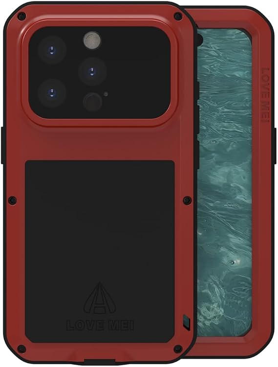 LOVE MEI Compatible with iPhone 15 Pro Case, Military Heavy Duty Shockproof Dust/Dirt Proof Waterproof Hybrid Aluminum Metal+Silicone+Tempered Glass Full Body Case Hard Cover (Red)