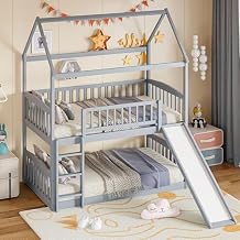 House Bunk Beds with Slide Twin Over Twin Floor Bunk Bed Frame Wood Playhouse Bunkbed with Storage for Kids Toddlers Girls/Boys, Gray