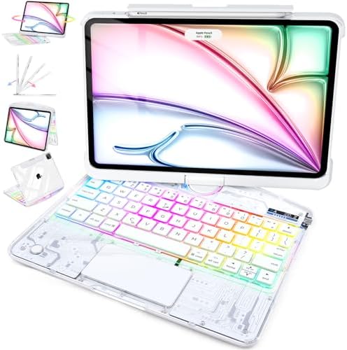 Keyboard Case for iPad Air 11-inch M3 M2,20252024, 360 Rotating Multi-Touch Trackpad, 7-Color Backlit Keyboard, Compatible with iPad Air 5th 4th Gen,Arctic Core X