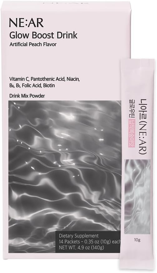 NE:AR Glow Boost Drink 250mg Pure Glutathione + 500mg Vitamin C Sugar-Free Beauty Powder for Skin Brightening & Hydration Refreshing Flat Peach Flavor Made in Korea