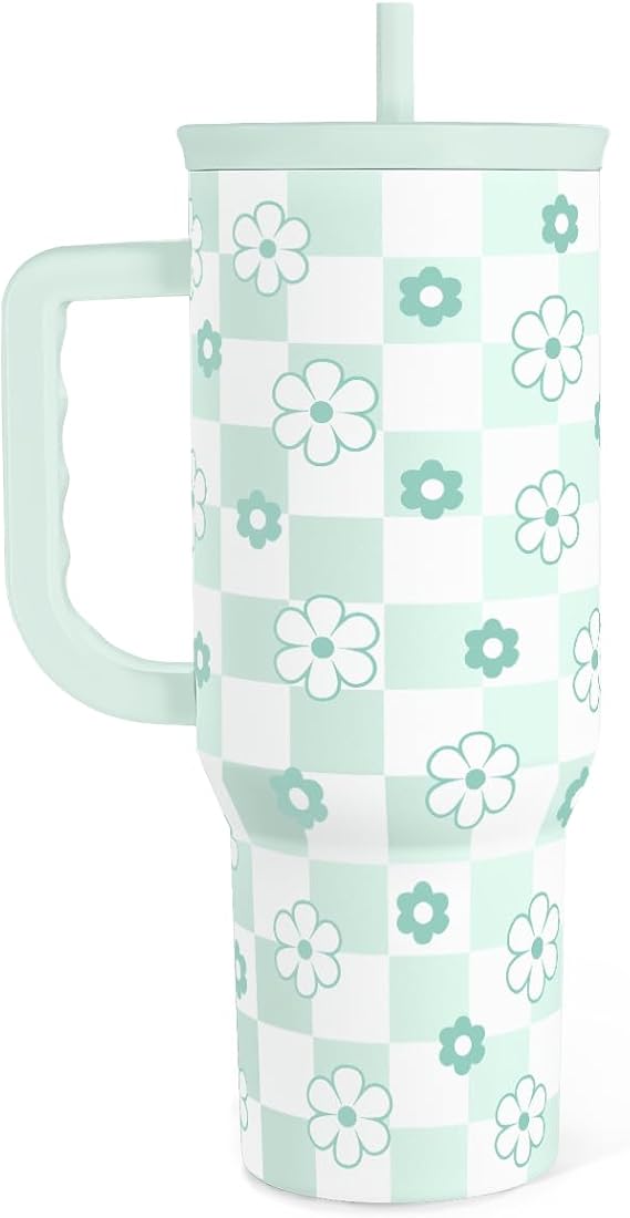 SANDJEST 40oz Daisy Flower Tumbler with Handle and Straw - Insulated Stainless Steel Coffee Travel Mug for Women Girls, Floral Gift Idea for Birthday Christmas
