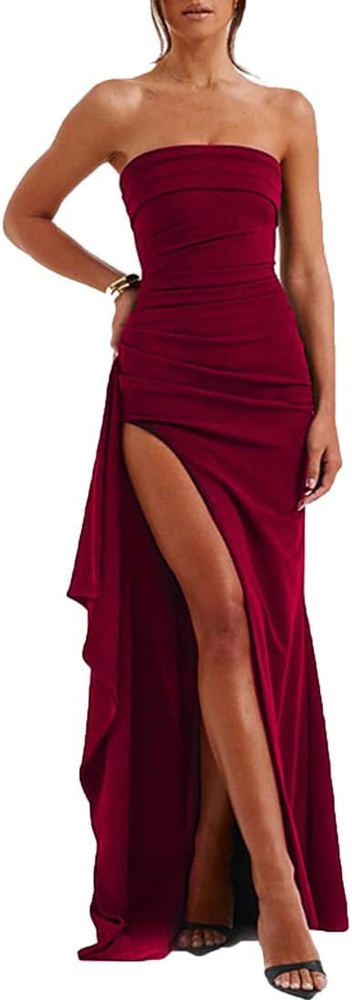 Womens Strapless Maxi Evening Dress Sexy High Slit Ruched Party Long Dress Irregular Hem Elegant Bandeau Dresses Sleeveless Bodycon Prom Dresses for Club Cocktail Wedding Formal Gowns 