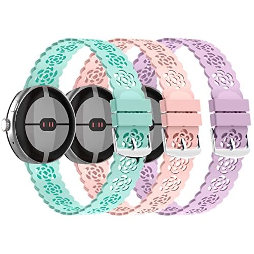 VOMA Lace Silicone Band Compatible with Google Pixel Watch 4 41mm 20253 41mm 20242 20231 2022, Brethable Hollowed-out Sport Band Soft Replacement Strap Wristband for Women Men