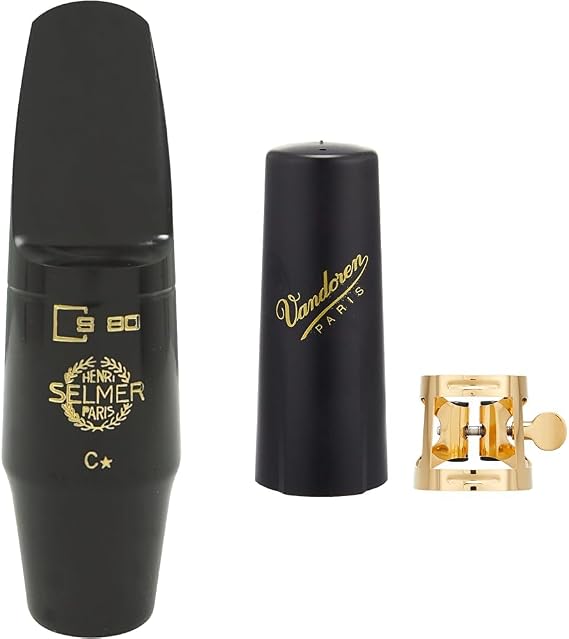 Selmer S-80 C* Mouthpiece for Alto Saxophone (S402C1) & Vandoren LC57DP M/O Ligature and Plastic Cap for Alto Saxophone; Gilded Finish
