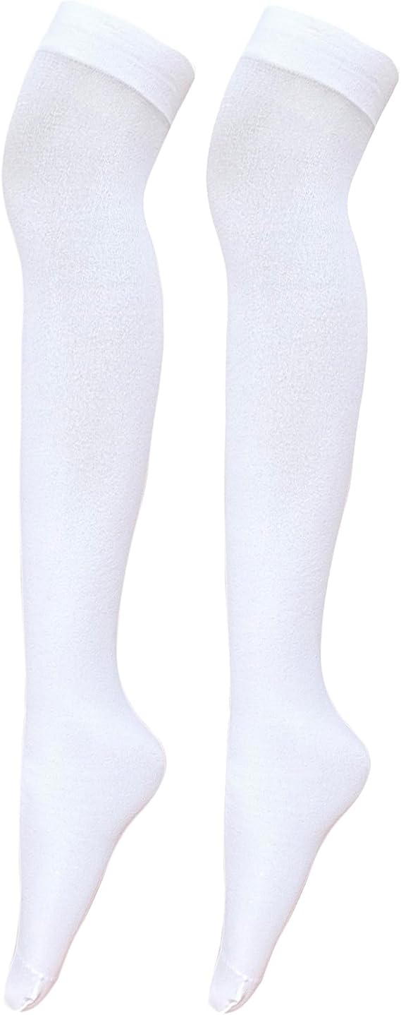 Women's Opaque Stretchy Nylon Over Knee Thigh High Stockings Knee High Socks for Daily Wear Cosplay (US, Alpha, One Size, Regular, Regular, White)