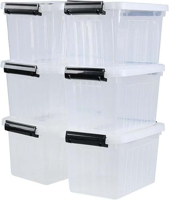 Set of 6 Plastic Storage Box, Clear Storage Latch Bin, 7 Litre