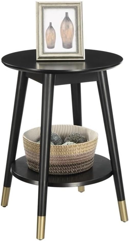 Allora Mid-Century Round End Table, Solid Rubberwood, Black Finish, 24" H x 17.75" W, Bottom Shelf, Gold-Tipped Legs, Modern Accent Table for Living Room or Bedroom