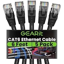 GEARit Cat 6 Ethernet Cable Pack - 5-Pack 6 ft Cat6 Ethernet Patch Cables | RJ45 Network Patch Cable, 10 Gbps Snagless Gold-Plated Connectors - Ethernet Cable Cat 6 for PC, TV, Router - Black