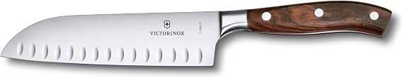 Victorinox Grand Maitre Santoku Knife - Ergonomic Sharp Chopping Knife for Kitchen Essentials - Wooden Handle, Fluted Edge, 7"
