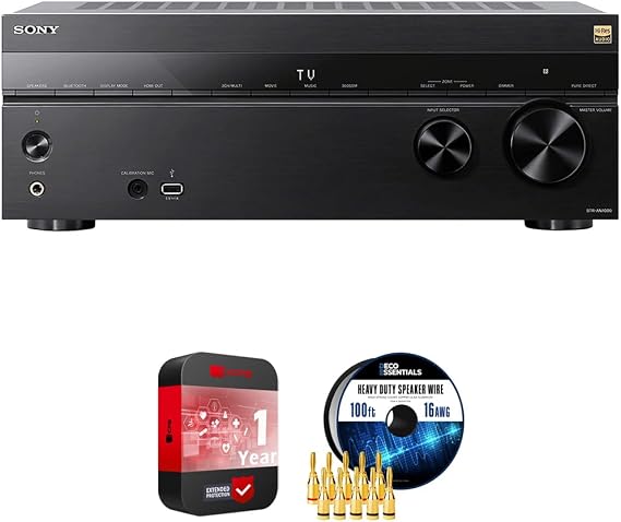 Sony STR-AN1000 7.2 Channel Home Theater 8K A/V Receiver Bundle with Deco Essentials Speaker Banana Plugs 5 Pairs, 100ft Long 16 AWG Speaker Wire and 1 YR CPS Enhanced Protection Pack
