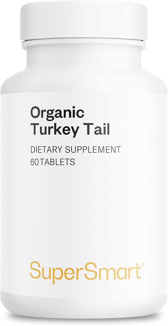 SuperSmart - Organic Turkey Tail 1000mg per Day (High Strength) - Hand-Picked Turkey Tail Mushroom Extract Supplement - 50% Polysacccharides | Non-GMO & Gluten Free - 60 Tablets