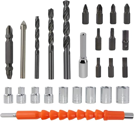 Cordless Drill Accessories 26PCS - 10x Screwdrivers, 10x Sockets, 5x Drills, 1x Flexible Shaft - Fit for 98% Lithium-on Battery Electric Drill