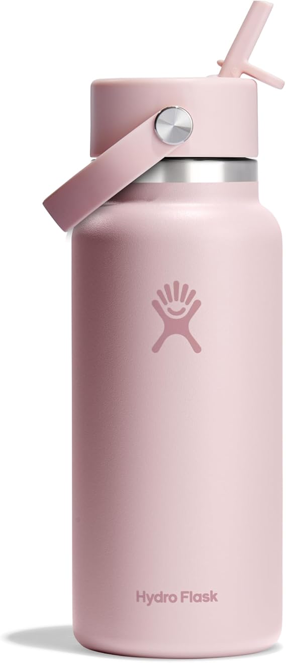 HYDRO FLASK - Wide Mouth Water Bottle 946 ml (32 oz) with Straw Lid - Vacuum Insulated Reusable Stainless Steel Bottle - Leak-proof Lid - Trillium Pink