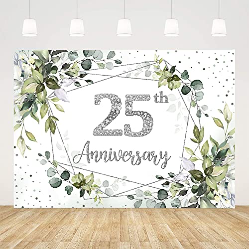 Ticuenicoa 25th Wedding Anniversary Decorations Backdrop, 7x5ft Greenery 25th Anniversary Decorations Banner, Celebrating 25 Years of Marriage Party Supplies