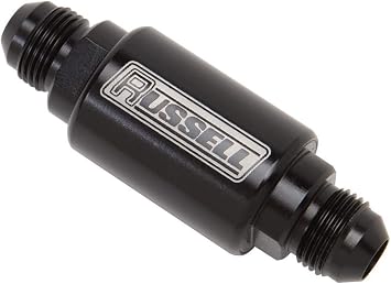 Russell Fuel Filter, Competition Series, In-Line, 40 Micron, Stainless Element, 6 AN Male Inlet, 6 AN Male Outlet, Aluminum, Black Anodized, Each