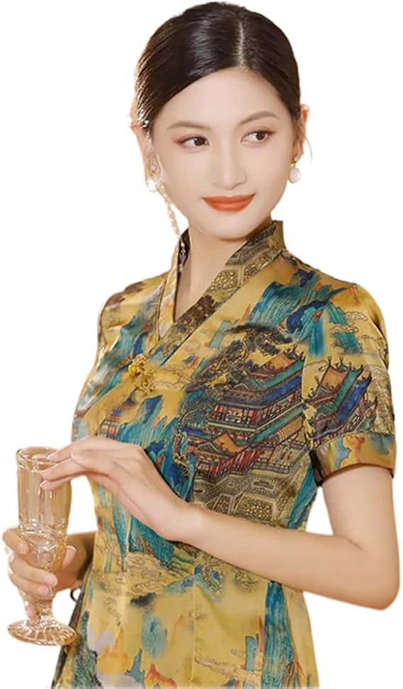 LIXINGHEITANG Traditional Chinese Print Flower Women Coat Tops Slim Shirt Silk Satin Blouse Classic Clothing Size