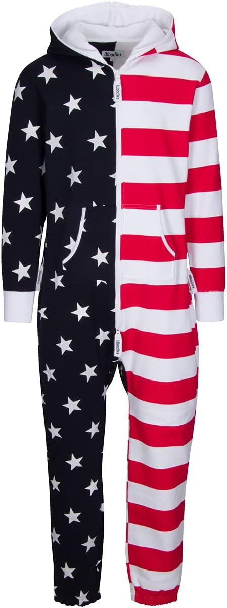 Woodies American Flag Adult Onesie for Men and Women - One Piece Unisex Pajama Jumpsuit