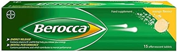 Berocca Vitamin C Effervescent Tablets, with Magnesium, Vitamin B12 and Vitamin B Complex, Mango Flavour, 1 Pack of 15 Tablets - 2 Weeks Supply