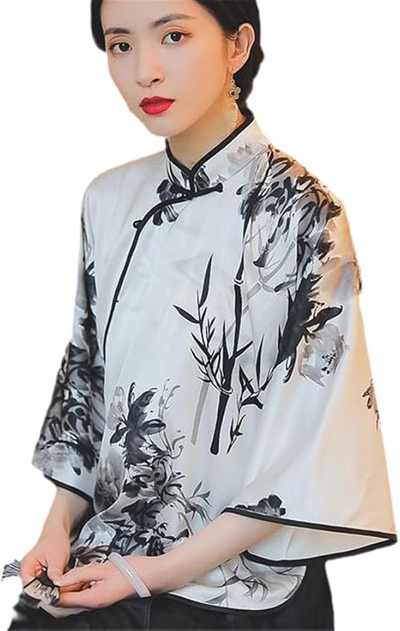 LIXINGHEITANG Chinese traditional clothing for women lose qipao shirt top floral printing big sleeve blouse retro