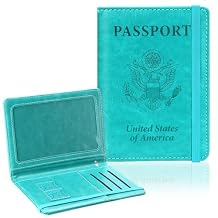 Passport Holder for Travel, RFID Blocking Passport Cover with Pen Holder Leather Passport Wallet Case Travel Must Haves Accessories Passport Book Card Holder for Family Travel Essentials, Turquoise