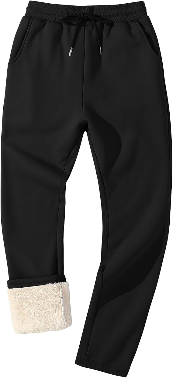 Flygo Mens Fleece Lined Sherpa Sweatpants Winter Warm Jogger Pants | Elastic Drawstring Waist, Thermal Thick Fabric, Open/Ribbed Bottom, 2 Pockets, Casual Track Athletic Workout Lounge Trousers