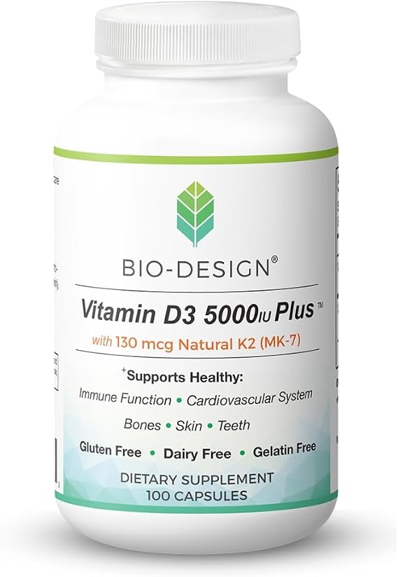 Vitamin D3 5000i Plus 130 mcg Natural K2 (MK-7) - Immune Regulation & Support Supplement - Supports Healthy Immune Function, Bone & Teeth Mineralization, Heart Health -100 Capsules