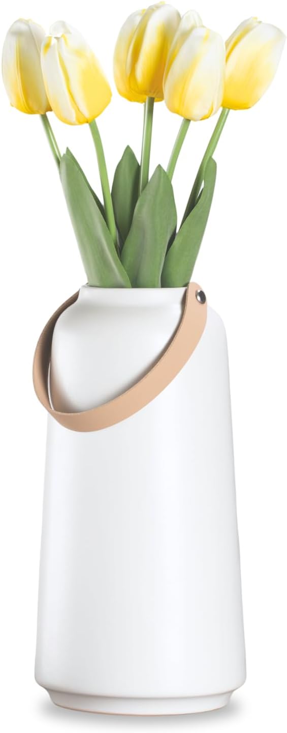 Torre & Tagus Lido Matte White Cylinder Vase with Handle Faux Leather - 11 Inch Height Vase for Centerpiece Ceramic Round Vase for Home Decoration or Wedding Table Decoration White Vase 14.6cm Dx11 H