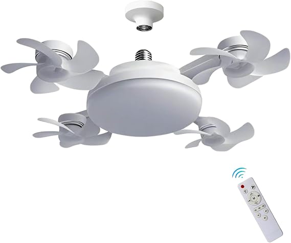 Socket Fan Light with Remote Control, 60W Ceiling Fan Light Bulb 3 Color Dimmable & 3 Wind Speeds E27 Screw-in Lightbulb Fan Easy Install for Bedroom, Kitchen, Garage (4 Head)