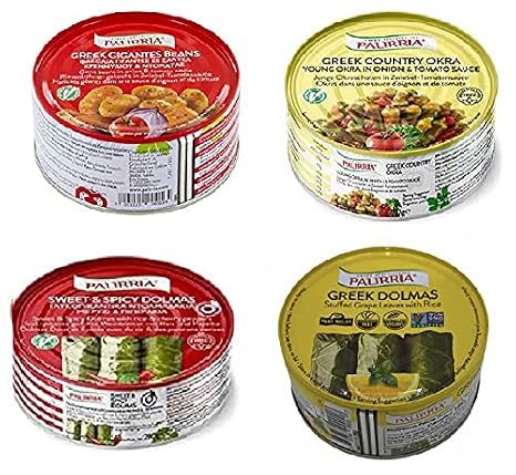 Palirria Greek Stuffed Grape Leaves, Sweet&spicy Dolmas, Greek Gigant Beans, Greek Okra Pack of 4