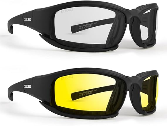 Epoch Eyewear Hybrid Motorcycle Sunglasses Convertible to Goggles 2 Pair Black Frame w/Clear & Yellow Lens