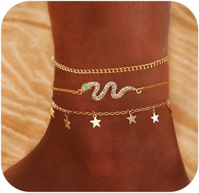 EXGOX Ankle Bracelets for Women 3-7PCS Dainty Layered Ankle Bracelets 14K Gold Plated Anklet Bracelets Set for Women Cuban Link Chain Heart Beaded Anklets Summer Beach Foot Chain Jewelry Gifts