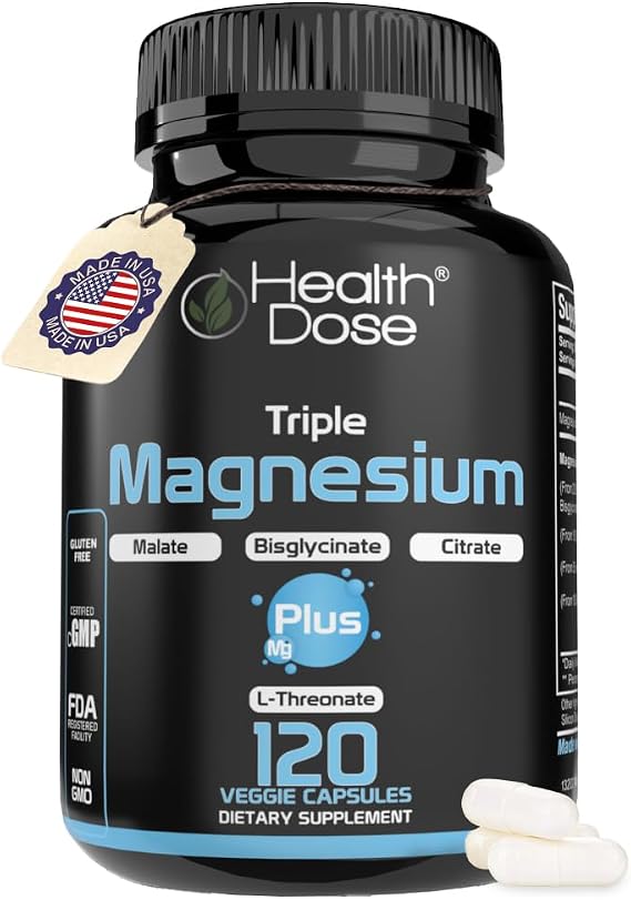 HealthDose Triple Magnesium Complex 1000 mg | Bisglycinate, Citrate, Malate & L-Threonate Blend | Supports Muscle Relaxation, Sleep & Calm | 120 Capsules | All-in-One Formula