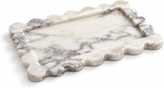 Natural Marble Vanity Tray, Wavy Edge Organizer, 9.8 x 6.7 in | Small 9.8 x 6.7 in, wavy edge, polished natural marble, for perfume jewelry, 1 piece only