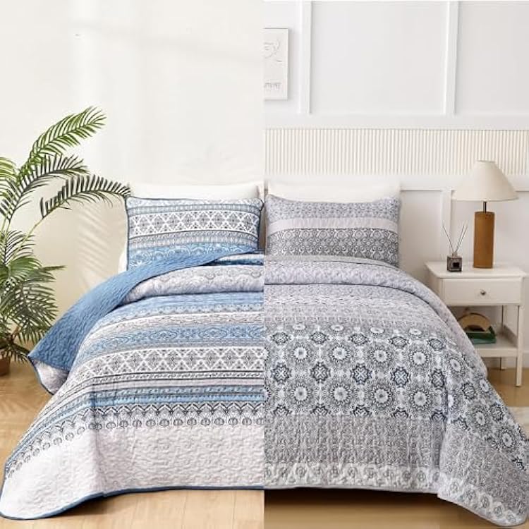 WONGS BEDDING Boho Queen Quilt Set, Light Blue Bohemian Queen Quilt Bedding Set, Lightweight Microfiber Bed Decor Bedspread for All Season 96x903 Pieces