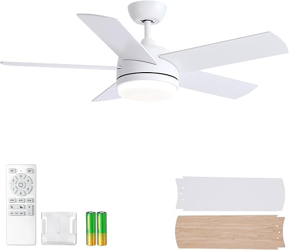 YUHAO 44 Inch White Ceiling Fan with Light and Remote Control.Noiseless,Dimmable,3CCT,6 Speeds Reversible, DC Ceiling Fans for Indoor or Covered Outdoor Use.ETL Listed