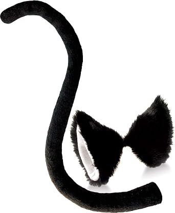 OLYPHAN Cat Ears and Tail Set - Black Cat Ear Clips and Long Tail Cosplay Costume Set - White & Black Hair Clip for Women - Halloween, Anime Neko Accessories
