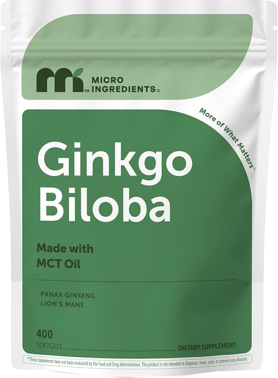 Micro Ingredients Ginkgo Biloba 120 mg Per Serving, 400 Softgels | 3-in-1 with Panax Ginseng & Lions Mane | Herbal Mushroom Blend | Made with MCT Oil | Non-GMO