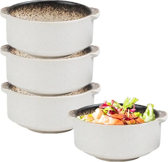 Ceramic Soup Bowls with Handles, Set of 4, 10oz, Microwave & Oven Safe, Soup Crocks for French Onion Soup, Chili, Pasta (Sesame gold, 5 Inch)