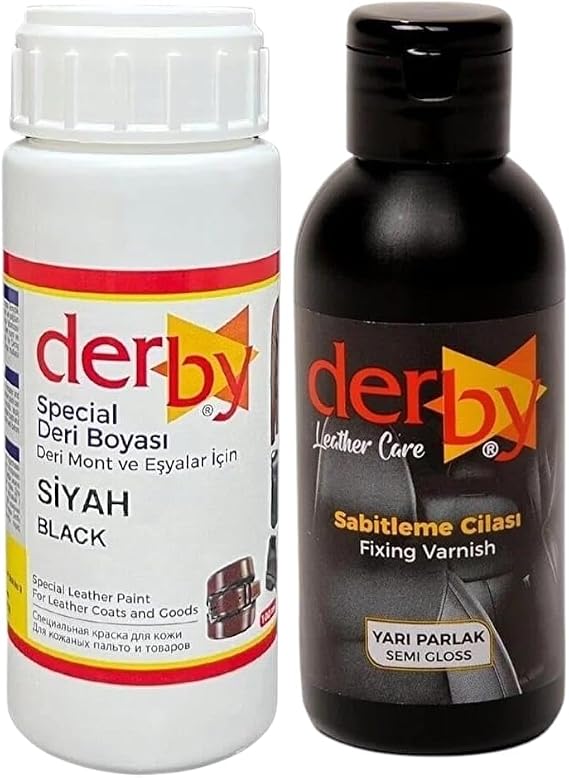 Derby Deri Mont Boyası 100ml, BS-FIX Yarı Parlak Sabitleme Cilası 100 ml ve Sünger (Siyah)