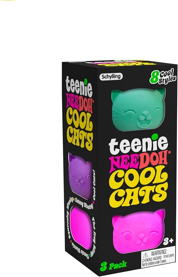 Schylling Teenie NeeDoh Cool Cats (3 Pack) - Mini Squishy Animals Fidget Toys 8 Assorted Colours & Styles Nee Doh Stress Balls for Anxiety Relief Safe & Non-Toxic Dough; 3 Year Olds +